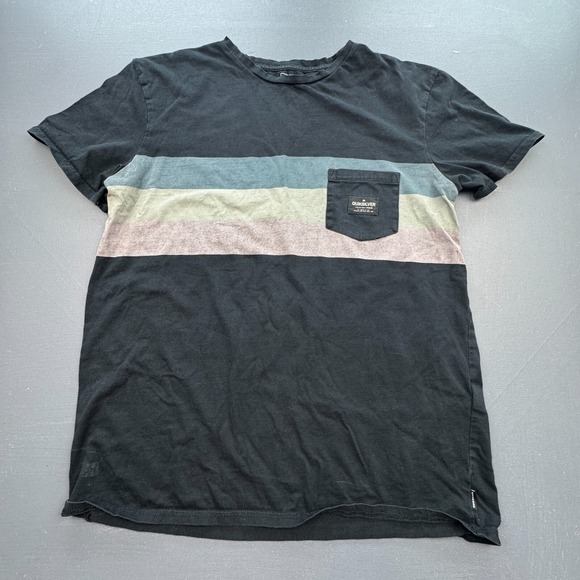 Quiksilver T-Shirt Men's Medium Black Striped Pocket Modern Fit Skate Surf Y2K - Picture 1 of 9